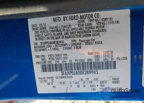 2011 Ford Fusion Sel из США, поврежденный, VIN 3FAHP0JA0BR289945